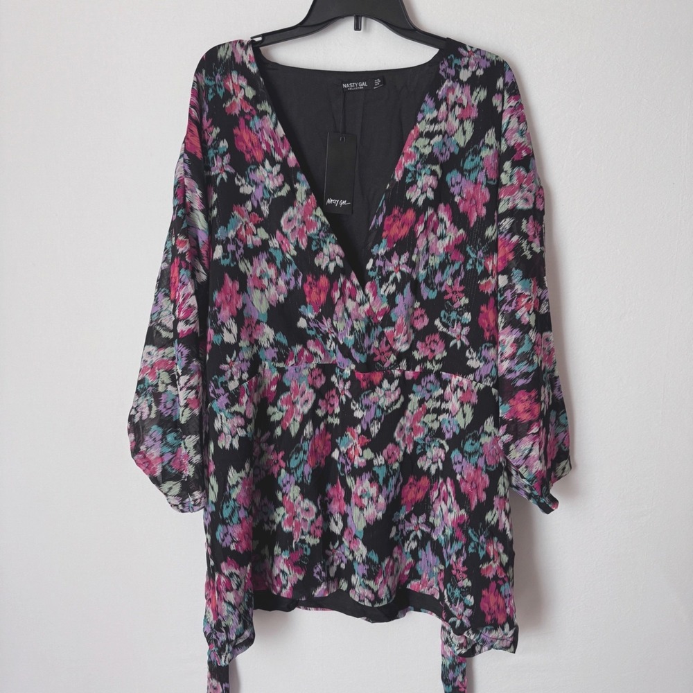 Nasty Gal Floral Wrap Top Women Size 16 Multicolor Metallic Boho Classic